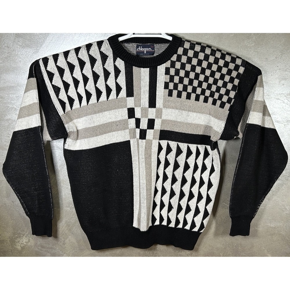 Ben Hogan Sweater‎ Mens Size XL Golf USA Geometric Print Black White Tan Cotton